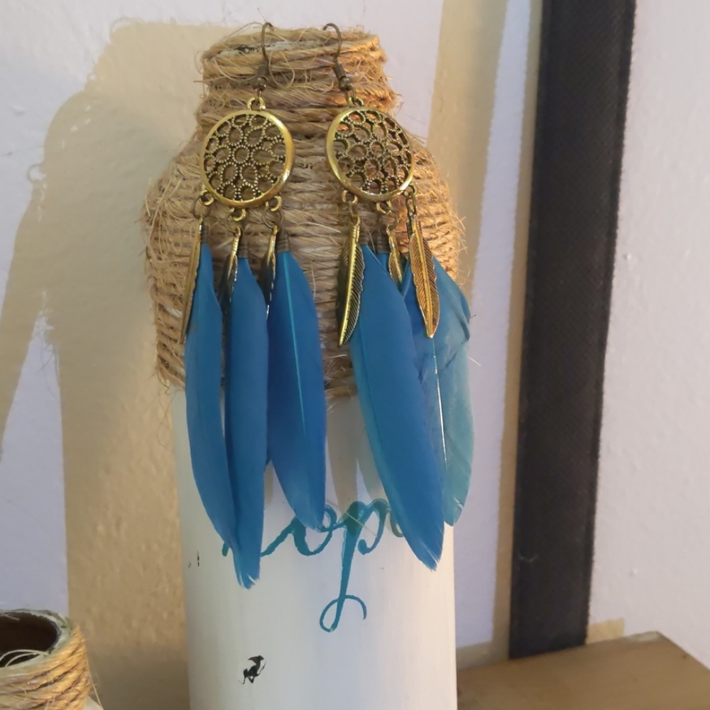 Blue Feather Dangle Earrings